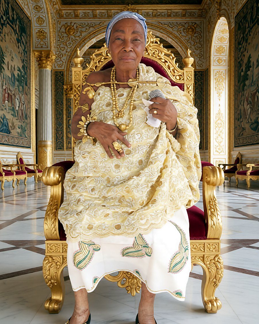 Official portrait of Her Majesty Nana Mary Donkor (Nana Adowa Konamah II) enthroned in gold
